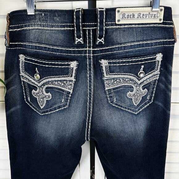 Rock Revival Denim - Rock Revival Leni Easy Bootcut Jean Dark Wash Saddle Stitch Bling HEMMED Size 28